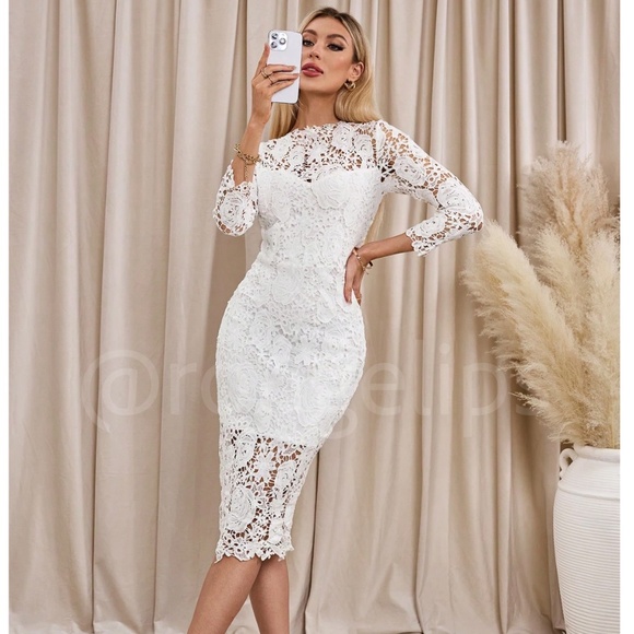 White Floral Guipure Lace Midi Dress 3/4 Sleeve Bodycon - Picture 1 of 10